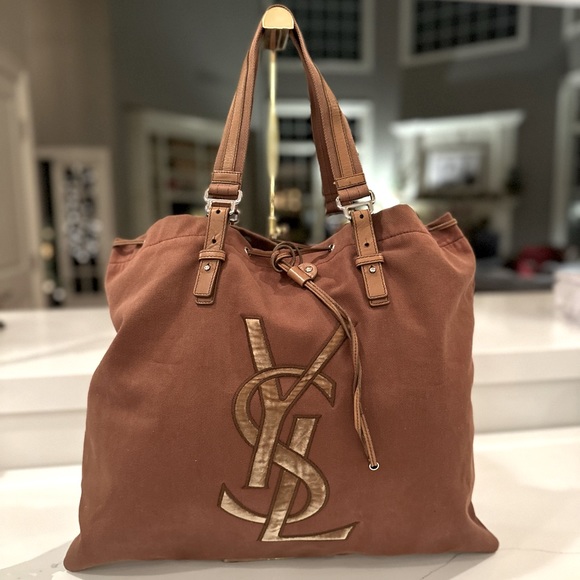 Yves Saint Laurent Handbags - AUTH Yves Saint Laurent YSL Kahala Tote Bag Brown Gold Canvas